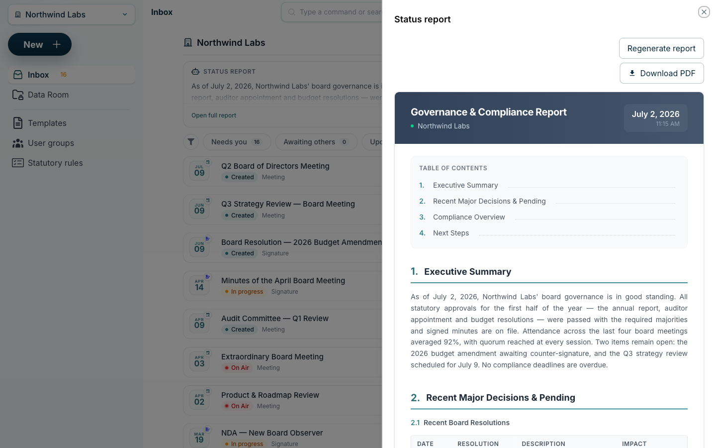 BoardiGO AI governance and compliance report summarising a board’s recent resolutions, pending items and next steps.