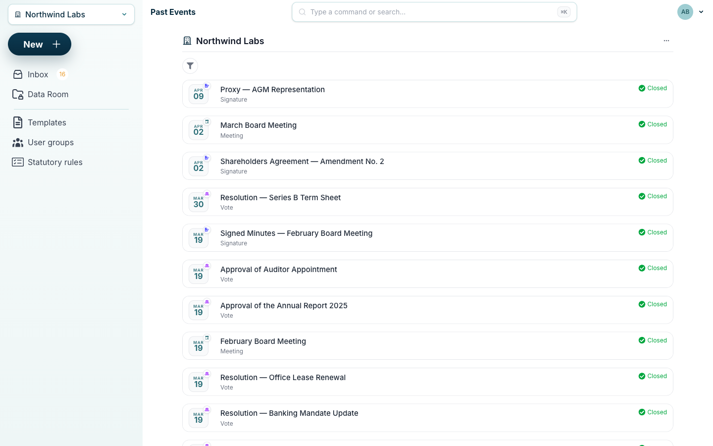 BoardiGO closed archive listing signed minutes, resolutions and agreements as a permanent board record.