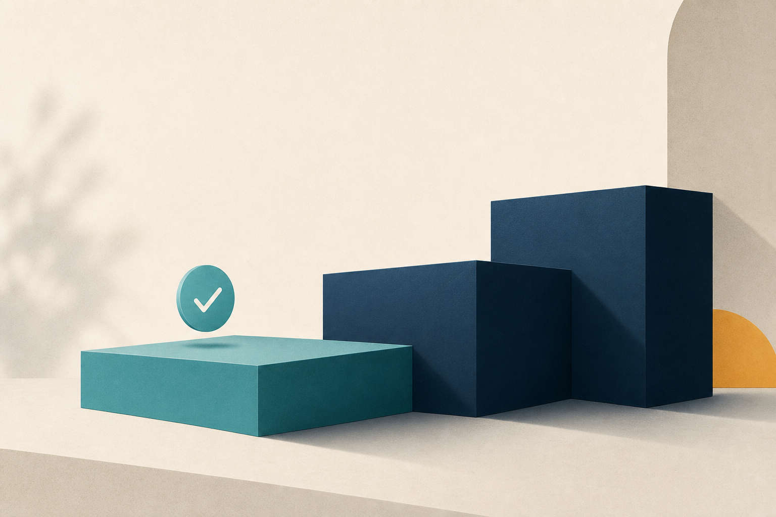 Modern illustration of three geometric pricing tiers, the first highlighted in teal with a checkmark token above it.