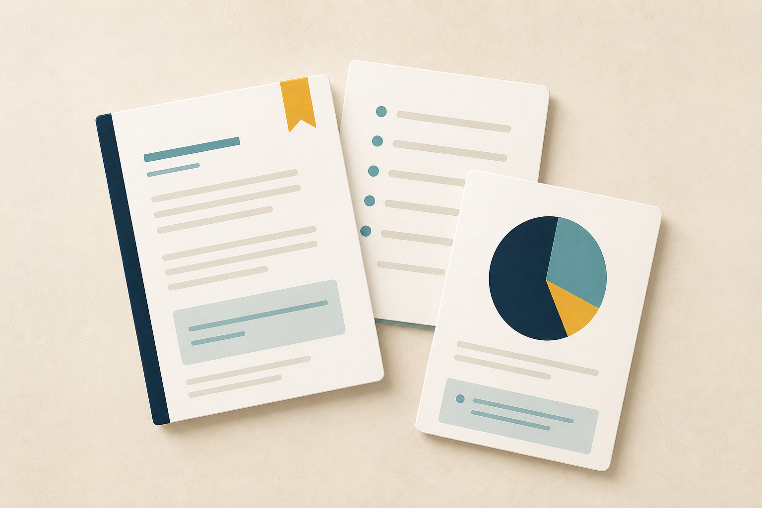 Modern flat-lay illustration of three clean guide cards with abstract paragraphs, checklist dots and a pie shape.
