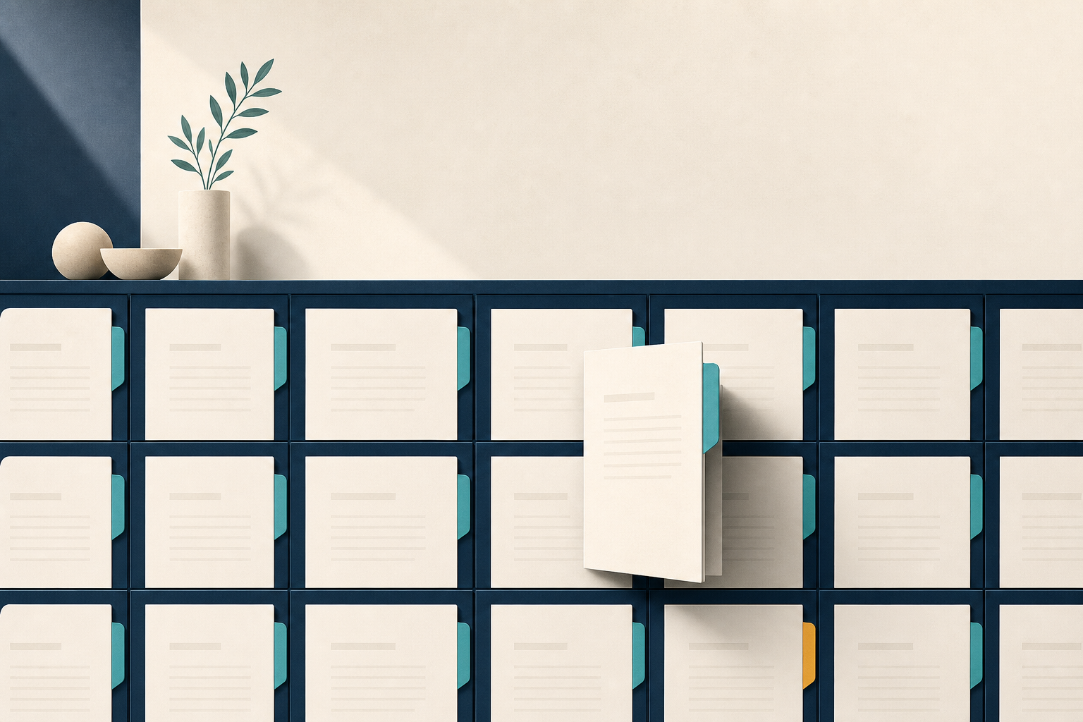 Modern illustration of a calm, well-ordered board archive: aligned document panels with index tabs, one pulled forward.