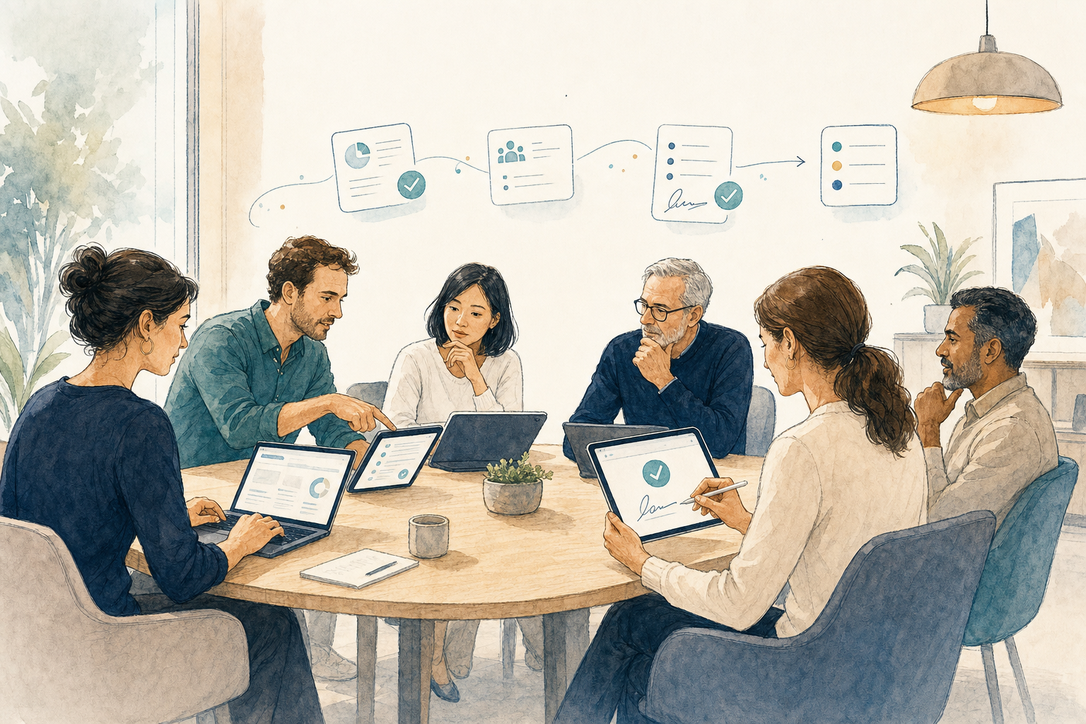 Hand-drawn illustration of founders, senior board members and VC partners running a paperless board meeting with decisions, signatures and follow-up connected in one digital workspace.