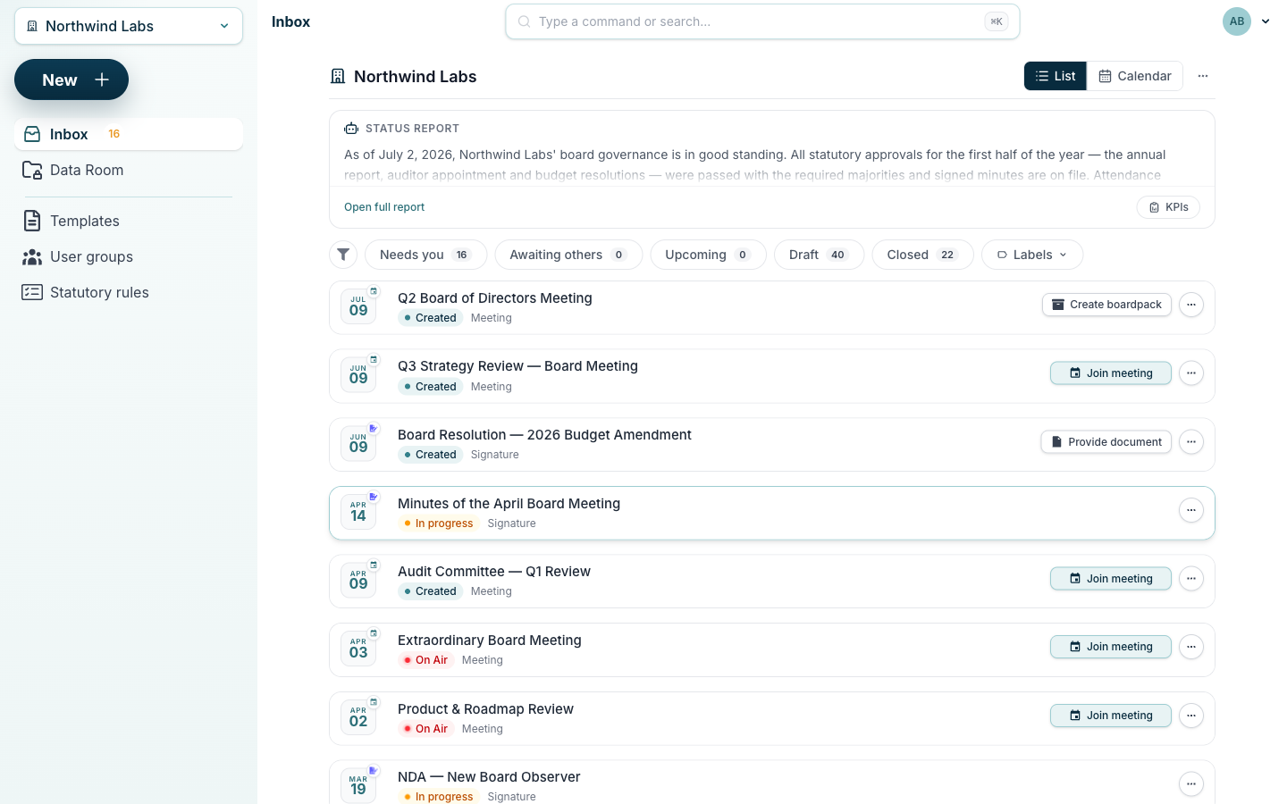 BoardiGO inbox showing everything a director needs to act on: meetings, votes and signatures in one queue.