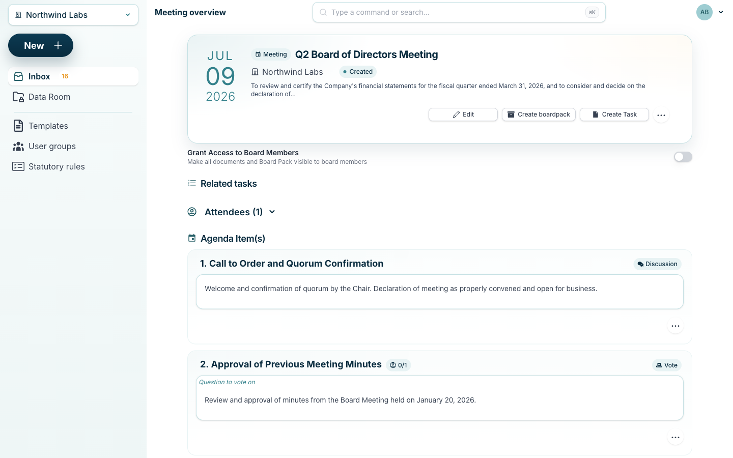 BoardiGO board meeting workspace showing the agenda with vote and discussion items for a Q2 board of directors meeting.