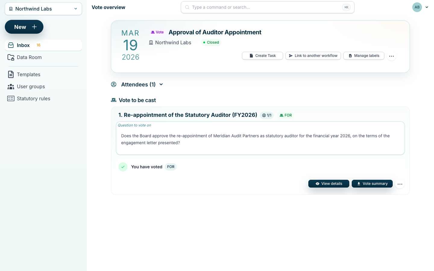 BoardiGO vote overview showing a closed board resolution with the question voted on and the recorded result.